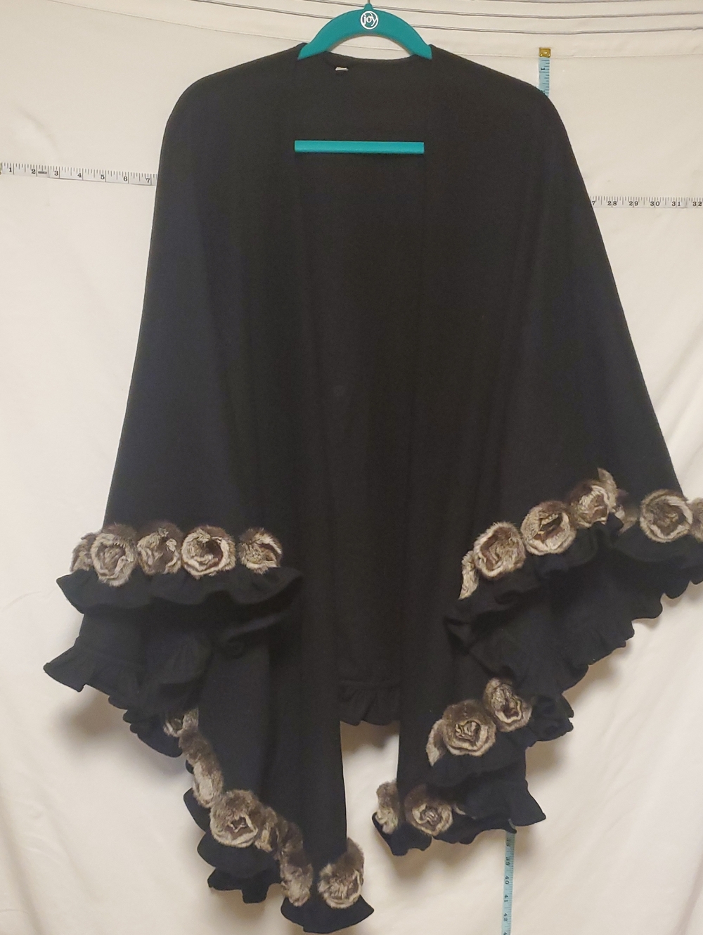 Cashmere Wool Blend Cape Shawl Fur Rosette Trim Dramatic Luxury Dark Romantic